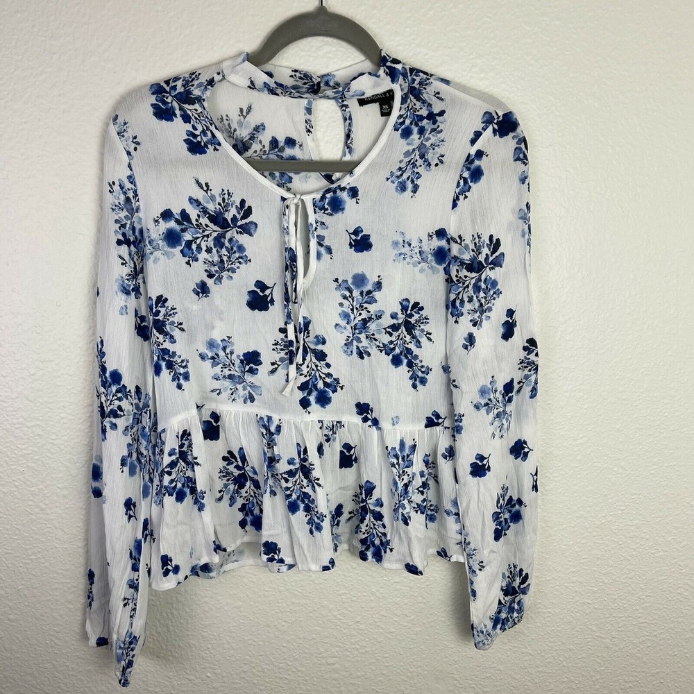 Kendall & Kylie Womens White Floral Print Choker Neck Long Sleeve Top Size XS